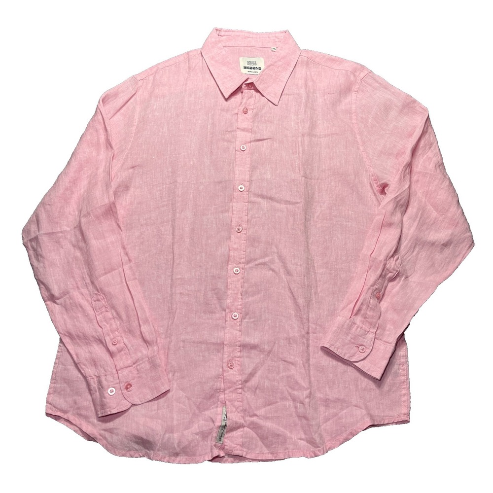 Men's Linen Shirt Sz 3XL Pink Long Sleeve Lightweight Greece Hellas Big Bang EUC